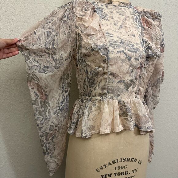 KARLIE Sheer Snakeskin Print Ruffled Blouse Batwing/Flutter Sleeve in Cream - Picture 4 of 12